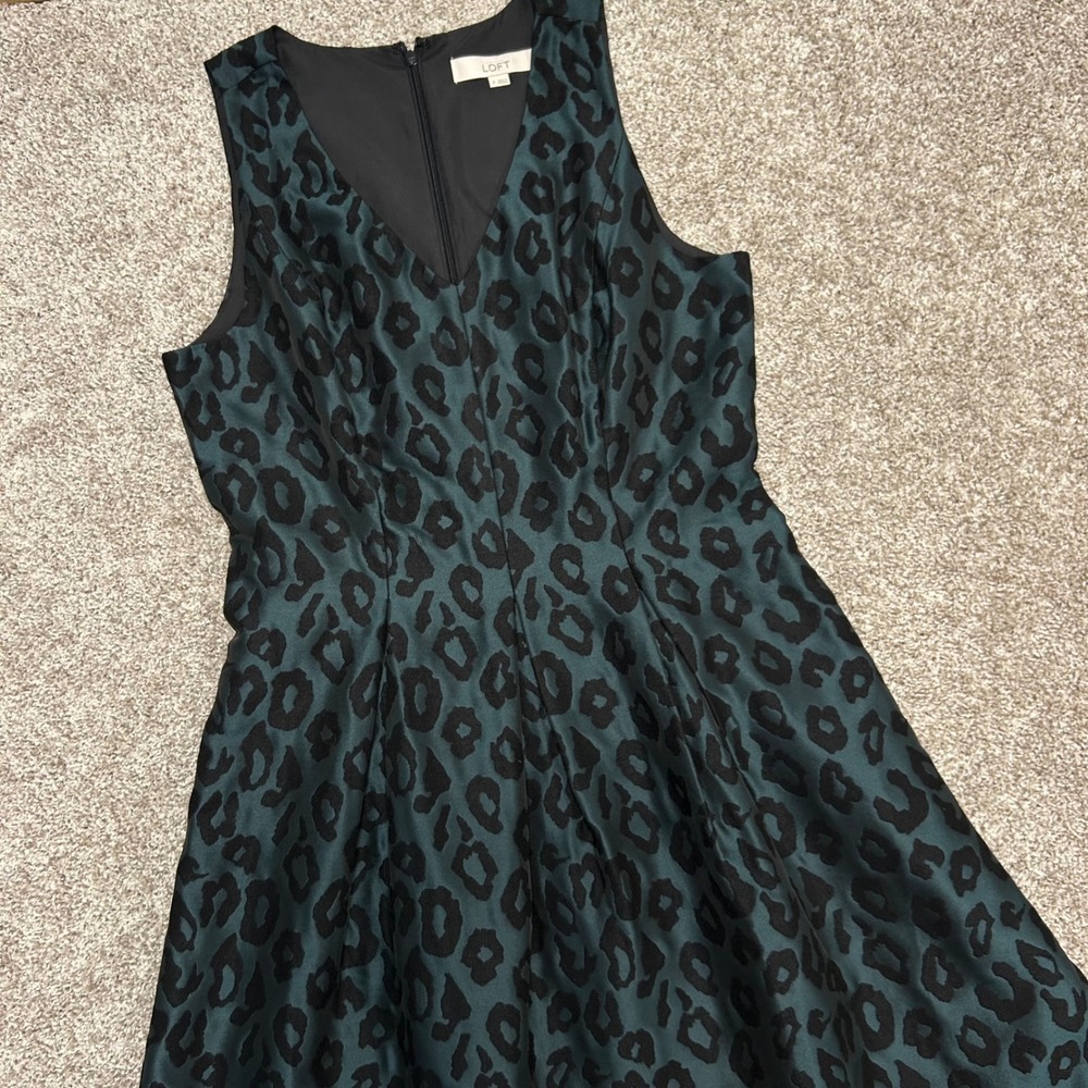 LOFT Green Black Leopard Print Fit & Flare Dress Sleeveless Women Size 8